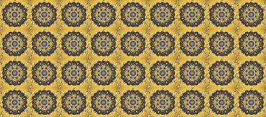 Sarı, gri ve kahverengi renklerde, altın elementlerle kusursuz klasik desen. Noel, kar tanesi, yeni yıl 2019.