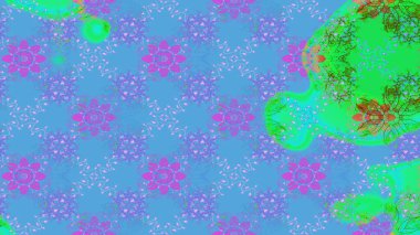 Parlak renkli çiçekleri ve mavi yaprakları olan harika bir çiçek deseni. Moda baskıları için zarif bir şablon. Modern çiçek arkaplanı. Halk stili.