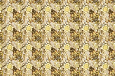 Altın elementlerle bej, kahverengi renklerde pürüzsüz desen. Doğulu arabeskler. Kusursuz altın desenli bukleler. Raster. Hassas altın deseni açın. Parlak dantel, stilize çiçekler, şal desenli.