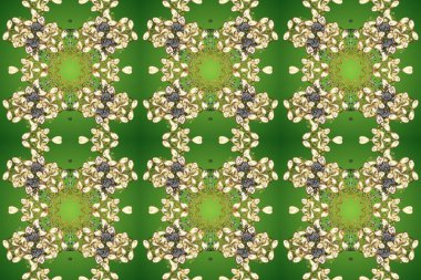 Raster illüstrasyonu. Kusursuz damaske klasik altın desen. Yeşil, bej ve altın elementli nötr renklerde altın pürüzsüz desen. Tekrarlayan ögelerle soyut arkaplan Raster.