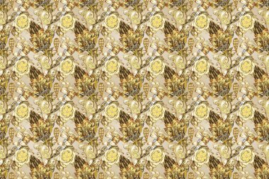 Altın elementlerle bej, kahverengi renklerde pürüzsüz desen. Doğulu arabeskler. Kusursuz altın desenli bukleler. Raster. Hassas altın deseni açın. Parlak dantel, stilize çiçekler, şal desenli.