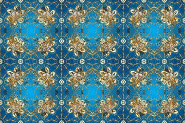 Kusursuz kıvırcık saçlar. Raster altın desen. Doğulu stil altın deseni altın elementli mavi, nötr ve bej renklerde arabesliyor..