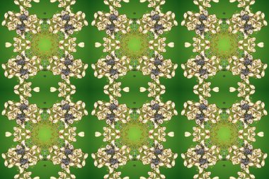 Raster illüstrasyonu. Kusursuz damaske klasik altın desen. Yeşil, bej ve altın elementli nötr renklerde altın pürüzsüz desen. Tekrarlayan ögelerle soyut arkaplan Raster.