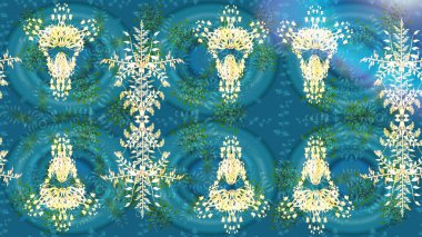 Çiçek buketleriyle klasik bir eskiz şekli. Raster illüstrasyonu. Mavi renklerde.