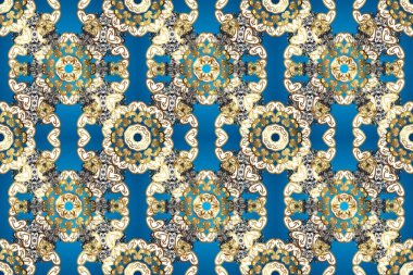 Noel, kar tanesi, yeni yıl 2019. Mavi, bej ve altın elementli nötr renklerde kusursuz klasik desen.