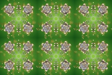 Raster illüstrasyonu. Altın griye, nötr ve yeşil renklere. Kusursuz ortaçağ çiçek deseni. Dekoratif simetri arabesk. Doğum günü, davetiye ya da afiş için tebrik kartı.