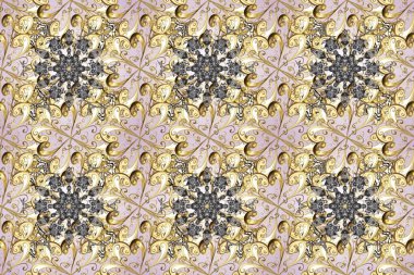 Tarafsız, bej ve gri renklerde altın elementlerle kusursuz bir desen. Raster oryantal süs. Kusursuz altın desen.