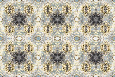 Kusursuz oryantal klasik altın desen. Gri, bej ve nötr renklerde altın tekrarlayan elementler içeren Raster soyut arka planı.