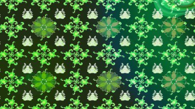 Raster düz çiçek çizim deseni. Hediye ambalaj kağıdı, tebrik kartları, posterler ve pankart tasarımı. Yeşil renkte çiçekler.