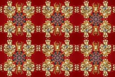 Kusursuz ahşap oyma. Oyma. Altın elementli desen. Klasik mobilya tarzı. Patina. Küçük bir alan derinliği. Lüks mobilyalar. Kırmızı, kahverengi ve altın kaplamalı bej arkaplan.