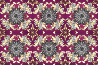 Klasik raster şablonu. Tekrarlayan elementlerle kusursuz soyut arkaplan. Mor, gri, bej ve altın desenli.