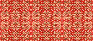 Turuncu, kırmızı ve bej renklerde, altın elementli klasik, dikişsiz desen. Noel 2019, kar tanesi, yeni yıl.