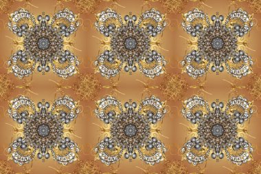 Raster altın desen. Kusursuz altın desenli bukleler. Doğu tarzı arabesk. Altın elementli bej, kahverengi ve gri renkler. Raster illüstrasyonu.