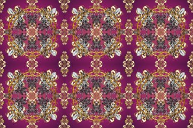 Şam, tasarım için kusursuz desen. Mor, kahverengi ve bej renklerinde, altın elementli, pürüzsüz desen.