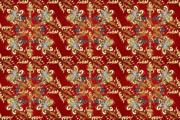 Kırmızı, kahverengi ve bej renklerde altın elementlerle kusursuz klasik desen. Noel, kar tanesi, yeni yıl 2019.