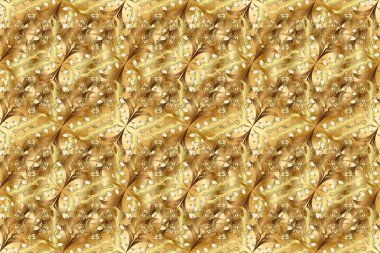 Süslü raster dekorasyonu. Barok tarzında duvar kağıdı tasarımı için kusursuz damaske deseni arkaplanı. Bej, kahverengi ve sarı renklerdeki altın desenler.