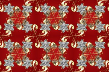 Altın elementli kırmızı, gri ve kahverengi renklerde klasik, pürüzsüz desen. Noel 2019, kar tanesi, yeni yıl.