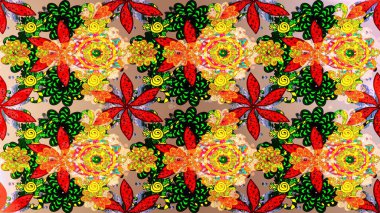 Sarı, kırmızı ve bej renkli bitkilerden oluşan parlak çiçekli çizim deseni.