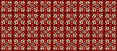 Kırmızı, kahverengi ve bej renklerde altın elementlerle kusursuz klasik desen. Noel, kar tanesi, yeni yıl 2019.