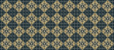 Altın antika ortaçağ dekoratifi, yaprakları ve altın desenli süslemeleri olan kusursuz desenler mavi, beyaz ve kahverengi renklerde. Kusursuz kraliyet lüksü, altın barok kumaş rengi..