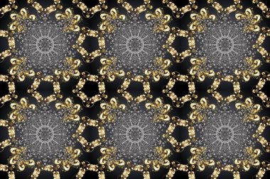 Damask arkaplanı tekerrür ediyor. Kahverengi ve gri renklerde altın element. Antika altın tekrarlanabilir duvar kağıdı. Barok tarzında altın çiçek süsü..