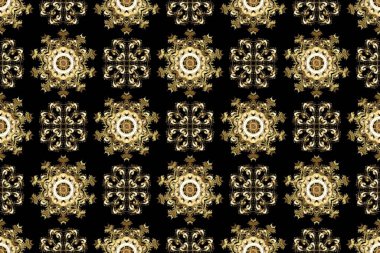 Dantelli iz sürücü. Çiçekli süslemeli, pürüzsüz bir desen. Kahverengi, siyah, bej renkli geleneksel Arap dekoru. Duvar kâğıdı için altın süslü bir illüstrasyon. Doğu tarzında vintage tasarım ögesi.