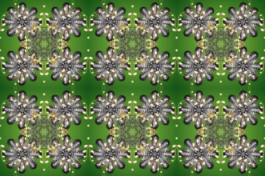 Barok tarzında altın çiçekli süs. Damask arkaplanı. Yeşil, gri ve bej renklerde altın bir element. Altın çiçekli, pürüzsüz desen.