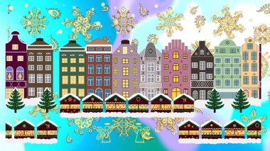 Illustration on neutral, blue and brown colors. Raster illustration. Raster cartoon drawing of Christmas suburban houses with making a snowman. clipart