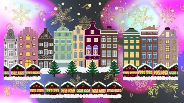 Raster illustration. Nice buildings on gray, neutral and brown colors. Doodle houses raster background. clipart