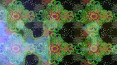 Raster çiçek desenleri çiziyor. Vadinin çiçekleri yeşil, gri ve mavi renklerde.