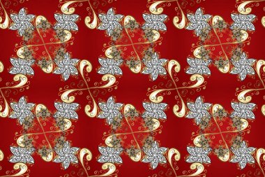 Altın elementli kırmızı, gri ve kahverengi renklerde klasik, pürüzsüz desen. Noel 2019, kar tanesi, yeni yıl.