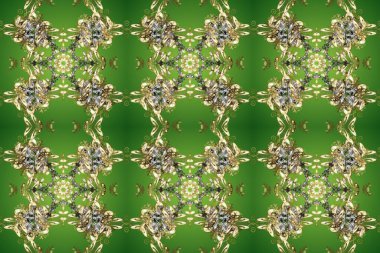 Raster illüstrasyonu. Yeşil, nötr ve bej renklerde, altın elementlerle klasik, pürüzsüz desen.