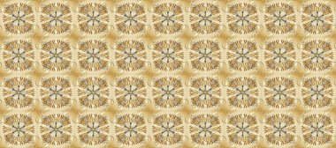 Kusursuz kraliyet lüksü, altın barok kumaş rengi. Altın antika ortaçağ dekoratifi, yapraklar ve bej, nötr ve kahverengi renkte altın desenli süslemelerle pürüzsüz bir desen..