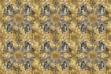 Raster illüstrasyonu. Süslü dekorasyon. Damask altın soyut çiçek bej, kahverengi ve nötr renklerde pürüzsüz desen.