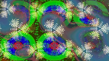 Kar tanelerinin soyut arkaplanlı Noel şablonu. Raster illüstrasyonu. Noel ve yeni yıl moda baskıları için tatil tasarımı. Yeşil ve mavi kar taneleri.