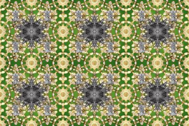 Damask pürüzsüz süsü. Klasik oryantal desen bej, yeşil ve gri renkler üzerinde. Geleneksel raster ve altın desen.