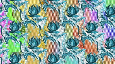 Çiçekler. Soyut etnik soytarı el modeli. Vadinin çiçekleri mavi, nötr ve yeşil renklerde.