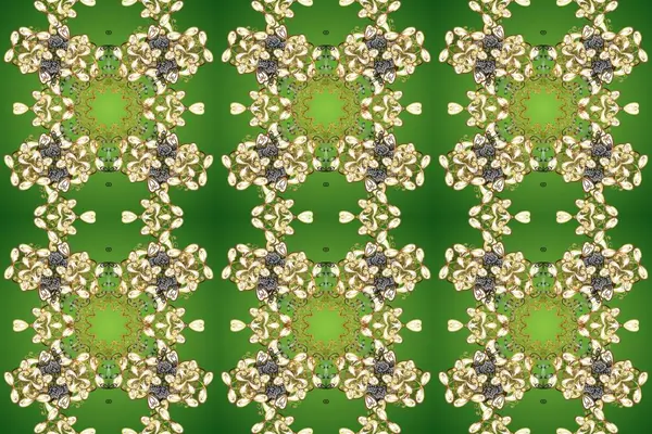 Raster illüstrasyonu. Kusursuz damaske klasik altın desen. Yeşil, bej ve altın elementli nötr renklerde altın pürüzsüz desen. Tekrarlayan ögelerle soyut arkaplan Raster.