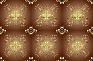 Kahverengi ve bej renkler üzerinde klasik oryantal desen. Damask pürüzsüz süsü. Geleneksel raster ve altın desen.