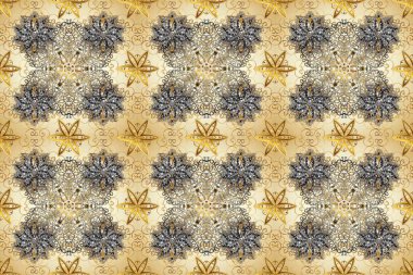 Kına dövmeli süs çiçekleri, altın çıkartmalar, mehndi ve yoga tasarımı, kartlar ve parmak izleri. Raster Golden Mehndi kusursuz desen. Bej ve gri renkte desen.