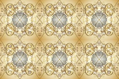Antika altın tekrarlanabilir duvar kağıdı. Barok tarzında altın çiçekli süs. Damask pürüzsüz yineleme kalıbı. Bej, nötr ve kahverengi renklerde altın element.