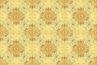 Barok tarzında duvar kağıdı tasarımı için kusursuz damaske deseni arkaplanı. Süslü raster dekorasyonu. Altın desenli sarı, bej ve nötr altın elementlerle.