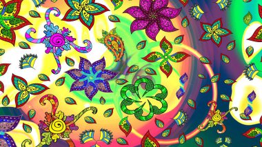 Çiçeksiz desenli arka plan, darbeler, sıçramalar, yaz çiçekleri. Sarı, yeşil ve mavi renkte çiçekler. Raster illüstrasyonu.