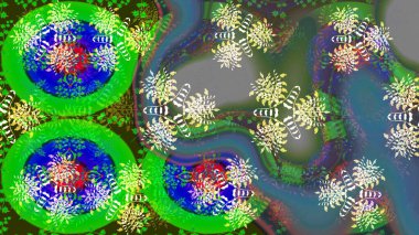 Kar tanelerinin soyut arkaplanlı Noel şablonu. Yeşil ve mavi renkler. Noel ve yeni yıl moda baskıları için tatil tasarımı. Raster illüstrasyonu.