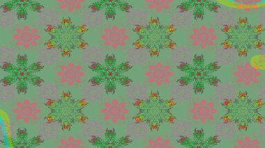 Kar taneli yeşil ve gri renkler. Raster illüstrasyonu. Renkli arka planda izole tatlı kar taneleri.