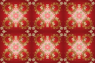 Raster illüstrasyonu. Kırmızı, kahverengi ve pembe renklerde Royal retro. Kusursuz desenli altın elementler. Kart, duvar kağıdı, ambalaj ve tekstil için klasik tasarım. Klasik çiçek dokusu. Altın şablon.