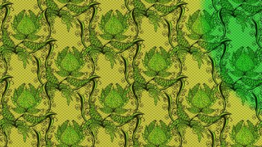 Raster illüstrasyonu. Çiçekli karalama şeklinde Raster çiçek deseni. Yeşil, sarı ve nötr renklerde yaz çiçekleri.