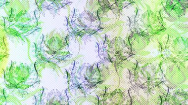 Çiçekli karalama şeklinde Raster çiçek deseni. Tarafsız, yeşil ve gri renklerde yaz çiçekleri. Raster illüstrasyonu.