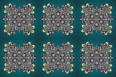 Altın elementli mavi, gri ve yeşil renklerde kusursuz klasik desen. Noel, kar tanesi, yeni yıl 2019.