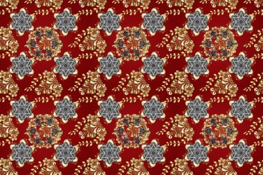 Kış kar dokusu duvar kağıdı. Kırmızı, kahverengi ve gri renkte altın kar taneleri. Sembol bayramı, yeni yıl kutlamaları, altın desenler. Noel altın kar taneleri kusursuz desen.